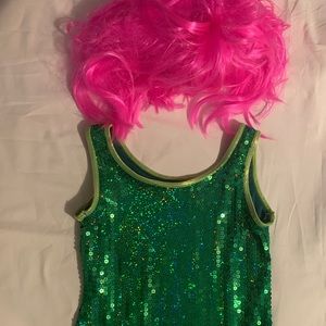 Weissman Design For Dance "Hairspray" Green Sequin Costume& Pink Wig Child Med